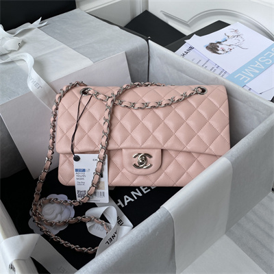 Chanel Medium Classic Flap Bag Grained Calfskin Silver Tone Metal Pink 01112