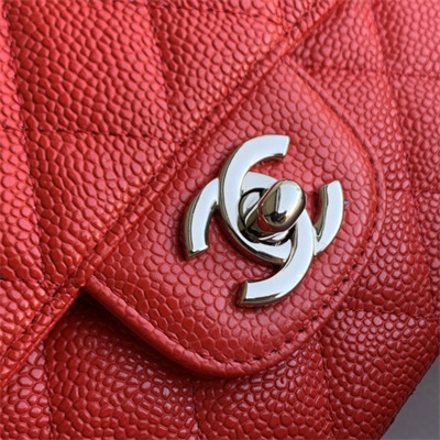 Chanel Medium Classic Flap Bag Grained Calfskin Silver Tone Metal Red 01112