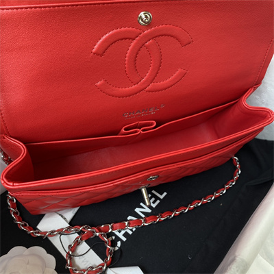 Chanel Medium Classic Flap Bag Lambskin Silver Tone Metal Red 01112