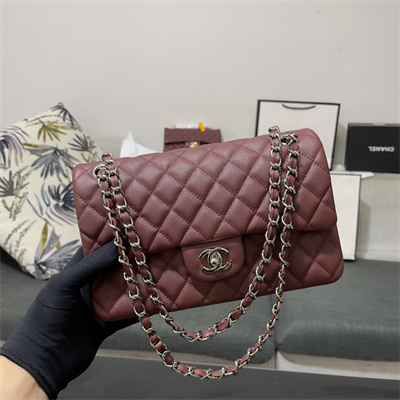 Chanel Medium Classic Flap Bag Grained Calfskin Silver Tone Metal Burgundy 01112