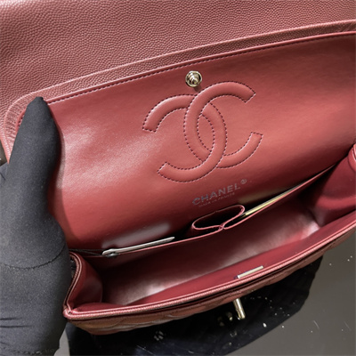 Chanel Medium Classic Flap Bag Grained Calfskin Silver Tone Metal Burgundy 01112