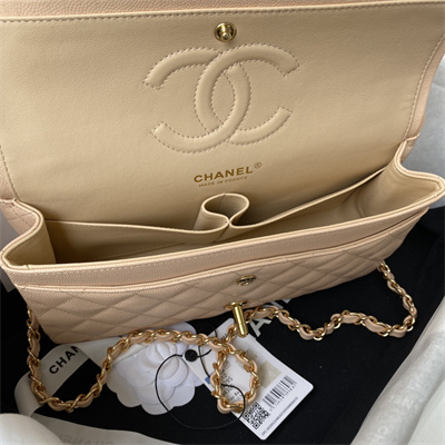Chanel Medium Classic Flap Bag Grained Calfskin Gold Tone Metal Nude 01112