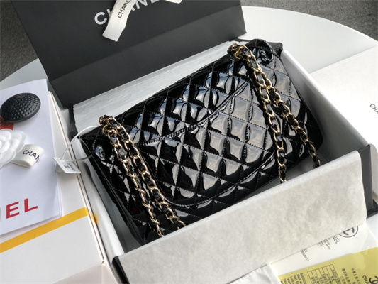 Chanel Medium Classic Flap Bag Patent Calfskin Gold Tone Metal Black 01112
