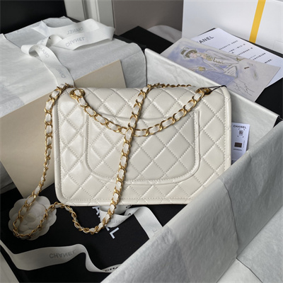 Chanel Vintage Medium Classic Flap Bag Lambskin Gold Tone Metal White AS3586