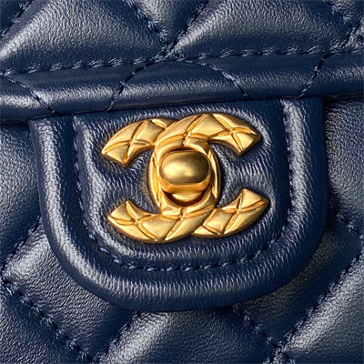 Chanel Vintage Medium Classic Flap Bag Lambskin Gold Tone Metal Blue AS3586