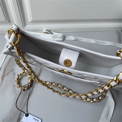 Chanel Hobo HandBag Calfskin Gold Tone Metal White AS4666