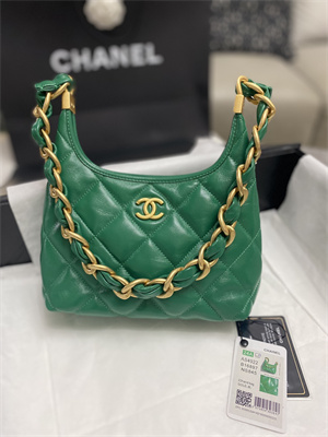 Chanel Small Hobo Bag Shiny Lambskin Gold Tone Metal Green AS4922