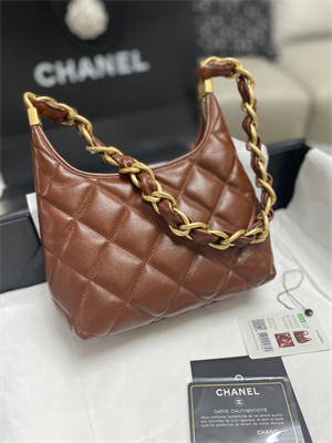 Chanel Small Hobo Bag Shiny Lambskin Gold Tone Metal Brown AS4922