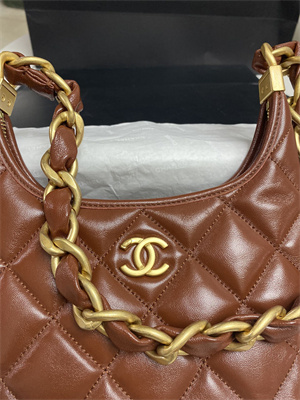 Chanel Small Hobo Bag Shiny Lambskin Gold Tone Metal Brown AS4922