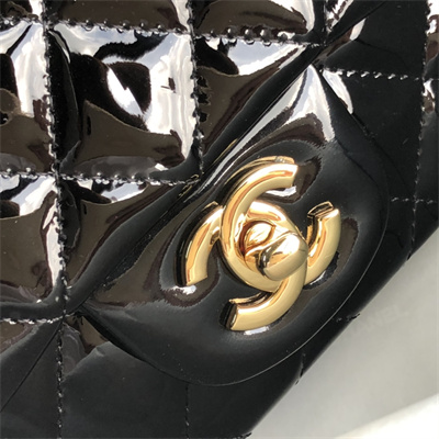 Cha.nel Mini Classic Flap Bag Patent Calfskin Gold Tone Metal Red 01116