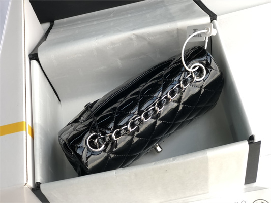 Cha.nel Mini Classic Flap Bag Patent Calfskin Silver Tone Metal Red 01116