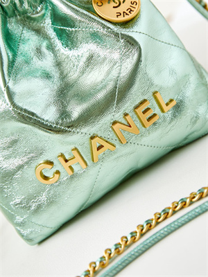 Chanel 22 Mini Handbag Metallic Calfskin Gold Tone Metal Green AS3980
