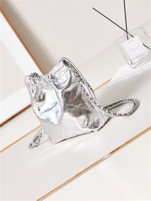 Chanel 22 Mini Handbag Metallic Calfskin Silver Tone Metal Silver AS3980