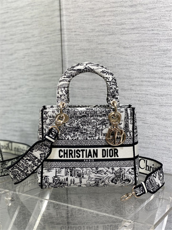 CD Medium Lady Di.or D-Lite Bag White and Black Paris Allover Embroidery