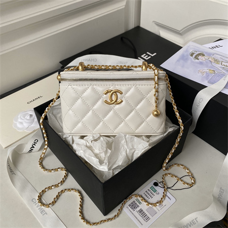Chanel Vanity Case With Gold Ball Lambksin Gold Tone Metal White AP3651