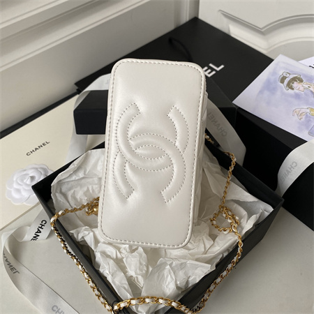 Chanel Vanity Case With Gold Ball Lambksin Gold Tone Metal White AP3651