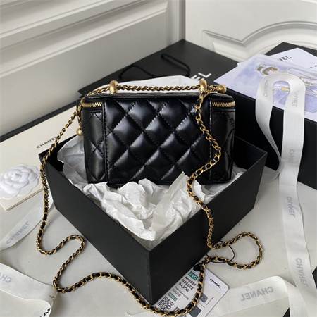 Chanel Vanity Case With Gold Ball Lambksin Gold Tone Metal Black AP3651