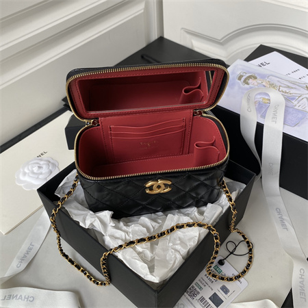 Chanel Vanity Case With Gold Ball Lambksin Gold Tone Metal Black AP3651
