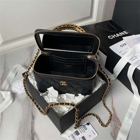 Chanel Vanity Case With Top Handle Grained Calfskin Gold Tone Metal Black AP4064