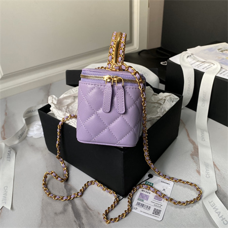 Chanel Vanity Case With Top Handle Grained Calfskin Gold Tone Metal Lt Purple AP4064
