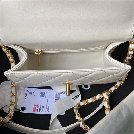 Chanel Mini Flap Bag With Top Handle Lambskin Gold Tone Metal White AS4956