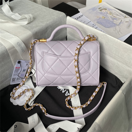 Chanel Mini Flap Bag With Top Handle Lambskin Gold Tone Metal Lt Purple AS4956