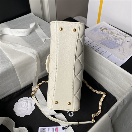 Chanel Flap Bag With Top Handle Grained Shinny Calfskin Gold Tone Metal White AS4957