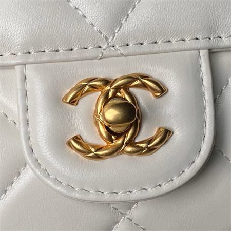 Chanel Flap Bag With Top Handle Lambskin Gold Tone Metal White AS4957