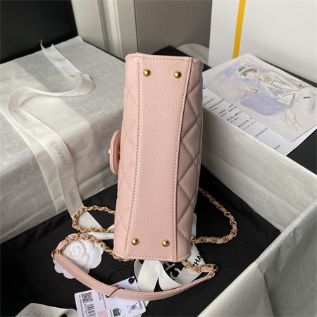 Chanel Flap Bag With Top Handle Grained Shinny Calfskin Gold Tone Metal Pink AS4957