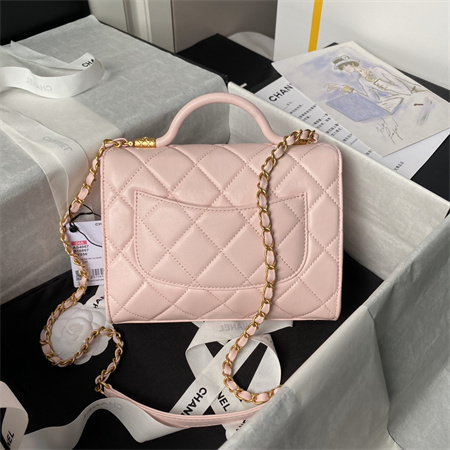 Chanel Flap Bag With Top Handle Lambskin Gold Tone Metal Pink AS4957