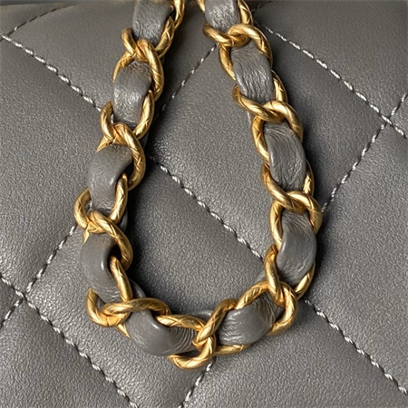 Chanel Flap Bag With Top Handle Lambskin Gold Tone Metal Grey AS4957