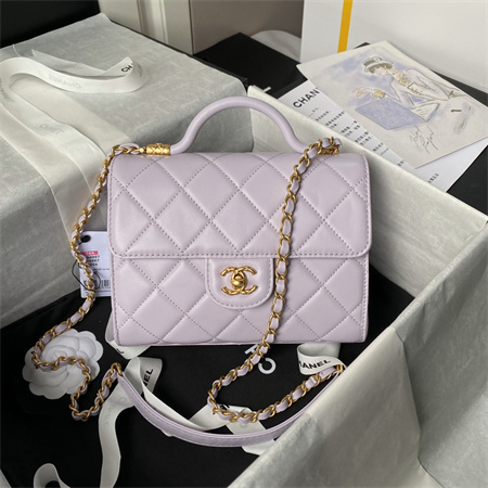 Chanel Flap Bag With Top Handle Lambskin Gold Tone Metal Lt Purple AS4956