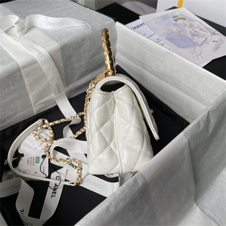 Chanel Mini Coco Handle Bag Shinny Calfskin Aged Gold Metal White AS2215
