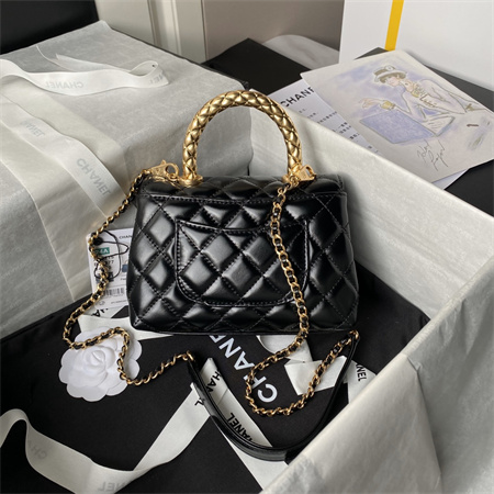 Chanel Mini Coco Handle Bag Shinny Calfskin Aged Gold Metal Black AS2215