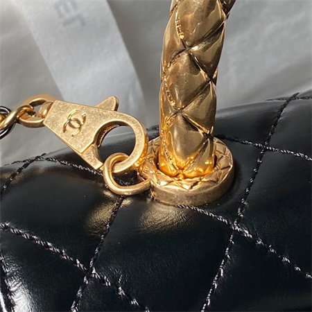 Chanel Small Coco Handle Bag Shinny Calfskin Aged Gold Metal Black A92990