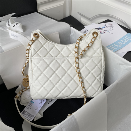Chanel Hobo Bag Grained Calfskin Gold Tone Metal White AS3690