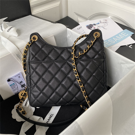 Chanel Hobo Bag Grained Calfskin Gold Tone Metal Black AS3690