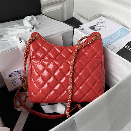 Chanel Hobo Bag Shinny Calfskin Gold Tone Metal Red AS3690