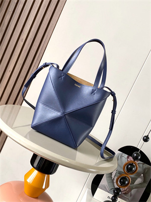 Loewe Mini Puzzle Fold Tote In Shinny Calfskin Anbyss Blue