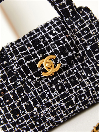 Cha.nel Mini Shopping Bag Kelly Bag Tweed Gold-Tone Metal Black/White AS4416