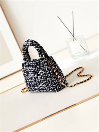 Cha.nel Mini Shopping Bag Kelly Bag Tweed Gold-Tone Metal Black/White AS4416