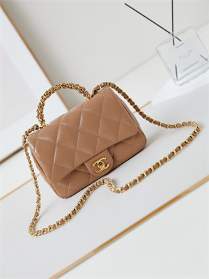 Cha.nel Mini Flap Bag with Top Handle Shiny Lambskin & Gold-Tone Metal Brown AS5032