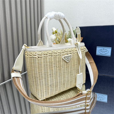 Prada Medium wicker and linen blend tote bag Tan/White 1BG835
