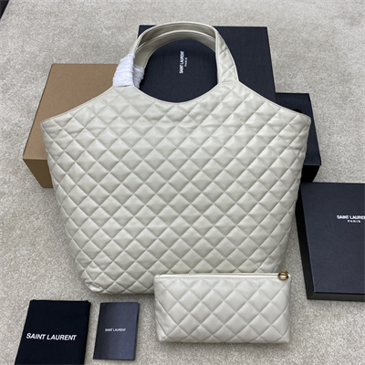 Y.S.L ICARE MAXI SHOPPING BAG IN QUILTED LAMBSKIN White Color Gold Tone Metal