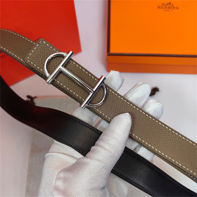 Hermes Gamma belt buckle & Herm??s sur Mer reversible Epsom leather strap Silver Hardware strap 25MM Etoupe/Black