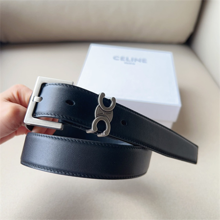 Celine TEEN TRIOMPHE Belt 30MM Calfskin Silver Tone Buckle Black