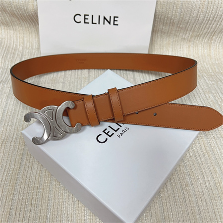 Celine TRIOMPHE Belt 25MM In Calfskin Silver Tone Buckle Brown
