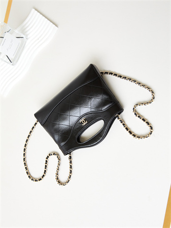 Cha.nel 31 Nano Chain Bag Calfskin Gold Tone Metal Black AS3656