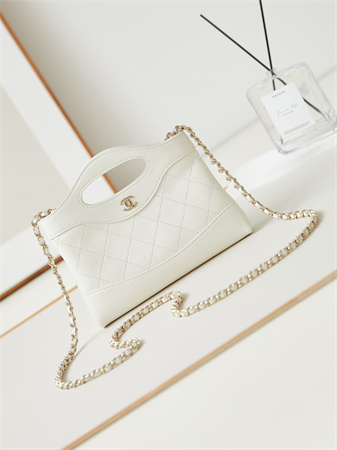 Cha.nel 31 Nano Chain Bag Calfskin Gold Tone Metal White AS3656