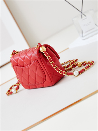 Cha.nel Supermini Flap Bag Lambskin Gold Tone Metal Red AS4946